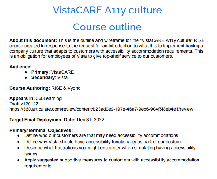 Screen shot of Course Outline document
